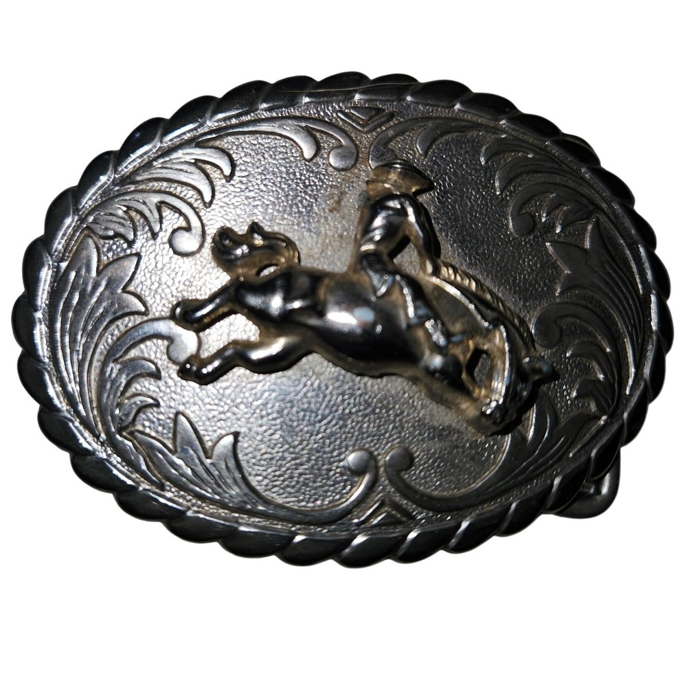 Vintage Western Bronco Rider Belt Buckle Two Tone Silver Gold Oval Floral Scroll
